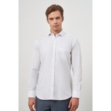 Beyaz Uzun Kol Kareli Desen Yarım İtalyan Yaka Cepli Classic Comfort Fit Gömlek 1004245197