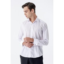 İmza Beyaz Uzun Kol Düz Bez Ayağı Sert Yaka Cepsiz Pamuklu Basic Slim Fit Gömlek 1004245059