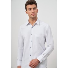 İmza Beyaz Uzun Kol Kareli Desen Bez Ayağı Sert Yaka Cepli Pamuklu Classic Comfort Fit Gömlek 1004245158