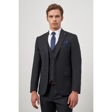 Koyu Lacivert Kılıç Yaka Yelekli 6 Drop Slim Fit Classic Takım Elbise 1001245156