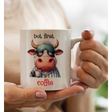 Bk Gift Sevimli Çizim Önce Kahve Tasarımlı Beyaz - Kupa - 1 - Arkadaşa Hediye - Sevgiliye Hediye