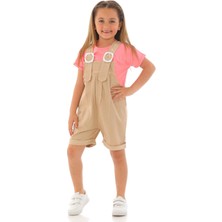 Bisiklet Yaka Kısa Kol Sortlu Kemer Detaylı Bej Renk Kız Çocuk Sortlu Salopet