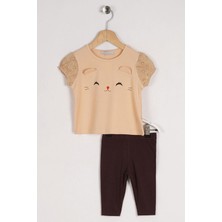 Zepkids Kız Çocuk Bej Renkli Kedi Baskılı Kolları Lastikli Taytlı Takım