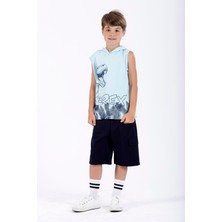 Zepkids Trex Baskılı Kapüşonlu Sıfır Kol Mavi Renk Erkek Çocuk Tshirt