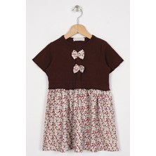 Zepkids Önü Patlı Çiçek Desenli Kahverengi Renk Kız Çocuk Elbise