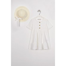 Düğme Detaylı Fırfırlı Şapkalı Beyaz Renk Kız Çocuk Elbise