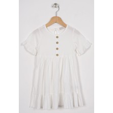 Zepkids Bisiklet Yaka Kısa Kol Fırfırlı Dugmelı Ekru Renk Kız Çocuk Elbıse