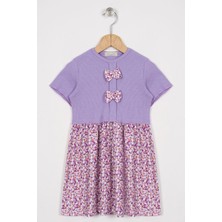 Zepkids Önü Patlı Çiçek Desenli Lila Renk Kız Çocuk Elbise