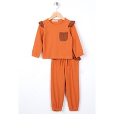 Zepkids Kız Çocuk Kiremit Renkli Omuzları Beli Dantelli Waffel Desenli İkili Takım