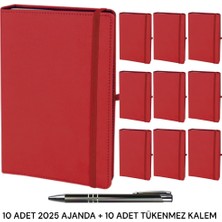 Oranlı Promosyon 10 Adet 2025 Spiralli Ajanda Lastikli Kalem Takılabilir Tarihli Defter Kırmızı 17X24 Tükenmez Kalem