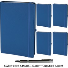 Oranlı Promosyon 5 Adet 2025 Spiralli Ajanda Lastikli Kalem Takılabilir Tarihli Defter Lacivert 17X24 Tükenmez Kalem