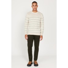 Altınyıldız Classics Erkek Bej-mınt Standart Fit Normal Kesim Bisiklet Yaka Çizgili Triko Kazak