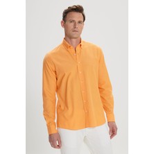 Altınyıldız Classics Erkek Turuncu Slim Fit Düğmeli Yaka Keten Görünümlü %100 Pamuk Flamlı Gömlek
