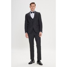 ALTINYILDIZ CLASSICS Erkek Siyah Slim Fit Dar Kesim Kırlangıç Yaka Desenli Yelekli Smokin Takım