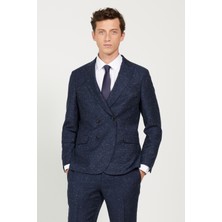 ALTINYILDIZ CLASSICS Erkek Lacivert Slim Fit Dar Kesim Kırlangıç Yaka Tweet Desenli Yünlü Kruvaze Takım Elbise