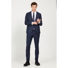 ALTINYILDIZ CLASSICS Erkek Lacivert Slim Fit Dar Kesim Kırlangıç Yaka Tweet Desenli Yünlü Kruvaze Takım Elbise