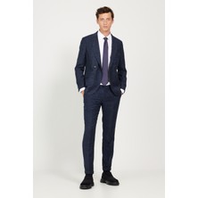 ALTINYILDIZ CLASSICS Erkek Lacivert Slim Fit Dar Kesim Kırlangıç Yaka Tweet Desenli Yünlü Kruvaze Takım Elbise