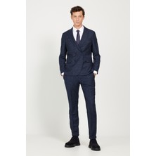 ALTINYILDIZ CLASSICS Erkek Lacivert Slim Fit Dar Kesim Kırlangıç Yaka Tweet Desenli Yünlü Kruvaze Takım Elbise