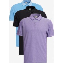 Altınyıldız Classics Erkek Siyah-Mavi-Mor Beyaz 3'lü Çekmeyen Pamuklu Slim Fit Dar Kesim Kıvrılmaz Polo Yaka Tişört