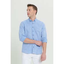 Altınyıldız Classics Erkek Mavi Slim Fit Dar Kesim %100 Pamuk Armürlü Düğmeli Yaka Casual Gömlek