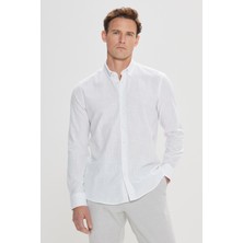 Altınyıldız Classics Erkek Beyaz Slim Fit Dar Kesim Düğmeli Yaka Keten Görünümlü %100 Pamuk Flamlı Gömlek