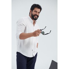 Altınyıldız Classics Erkek Beyaz Slim Fit Dar Kesim Düğmeli Yaka Keten Görünümlü %100 Pamuk Flamlı Gömlek