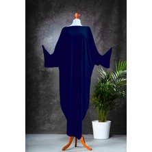 Due Stelle Uzun Mavi V Yaka Oversize Kaftan Elbise - Yanları Yırtmaçlı Elbise - Ön ve Arka Yüzü Giyilebilir