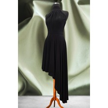 Due Stelle Siyah Asimetrik Etekli Sırt Dekolteli Kloş Elbise