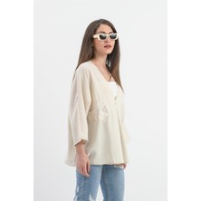 Keten Pul Payet Süzene Nakışlı Kimono - Bej