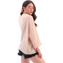 Keten Pul Payet Süzene Nakışlı Kimono - Yavruağzı