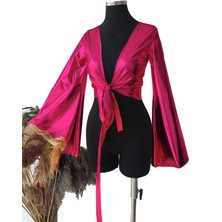 Due Stelle Fuşya Ispanyol Kollu Bağlamalı Crop Bluz - Parti Dans Tango Bluzu