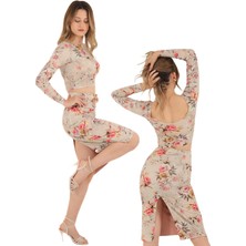 Due Stelle Uzun Kollu Crop Çiçekli Bej