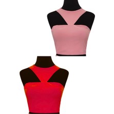 Due Stelle Çift Taraflı Omuz Dekolteli Crop Kırmızı - Pudra