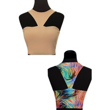 Due Stelle Çift Taraflı Omuz Dekolteli Crop Soyut - Bej