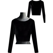 Due Stelle Uzun Kollu Crop Kadife Siyah
