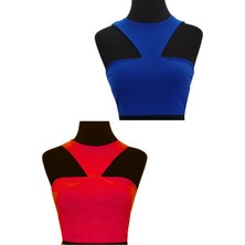 Due Stelle Çift Taraflı Omuz Dekolteli Crop Kırmızı - Mavi