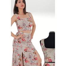 Due Stelle Basic Kalın Askılı Crop Çiçekli Bej