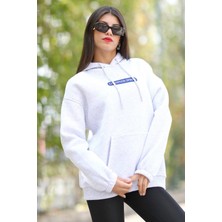 Kadın Kapüşonlu Sweatshirt Kar Melanj Vintage Baskılı Kanguru Cepli Şardonlu 3İp - 25102