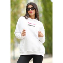 Beyaz Kapüşonlu Oversize Kadın Sweatshirt Mioceno Baskılı Pamuk Karışımlı Hoodie - 25100