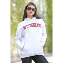Kadın Oversize Kapüşonlu Kar Melanj Sweatshirt Üç İplik Kanguru Cepli Baskılı Hoodie - 25101