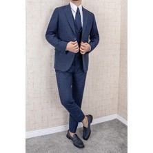 Erkek Slim Fit Sivri Yaka Lacivert Yelekli Takım Elbise