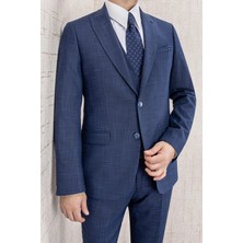 Erkek Slim Fit Sivri Yaka Lacivert Yelekli Takım Elbise
