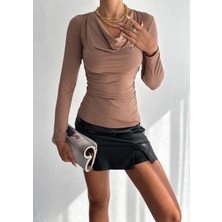 Kadın Bej Degaje Yaka Yandan Büzgülü Uzun Kol Sandy Bluz HZL24W-FRY122481