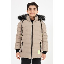 Sivaist Kahverengi Erkek Çocuk Çıkartılabilir Kapüşonlu Şişme Deri Karışımlı Kumaş Mont&kaban