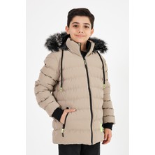 Sivaist Kahverengi Erkek Çocuk Çıkartılabilir Kapüşonlu Şişme Deri Karışımlı Kumaş Mont&kaban