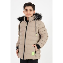 Sivaist Kahverengi Erkek Çocuk Çıkartılabilir Kapüşonlu Şişme Deri Karışımlı Kumaş Mont&kaban