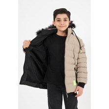 Sivaist Kahverengi Erkek Çocuk Çıkartılabilir Kapüşonlu Şişme Deri Karışımlı Kumaş Mont&kaban