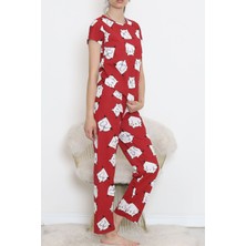 Dantel Desenli Pijama Takımı Bordo Beyaz