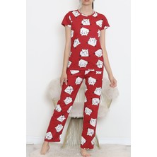 Dantel Desenli Pijama Takımı Bordo Beyaz