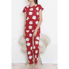 Dantel Desenli Pijama Takımı Bordo Beyaz